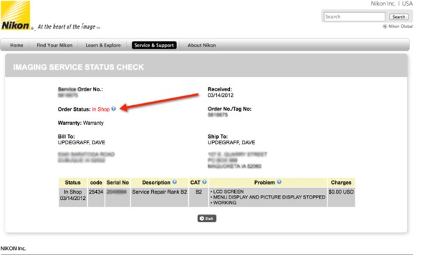 Nikon Repair Status